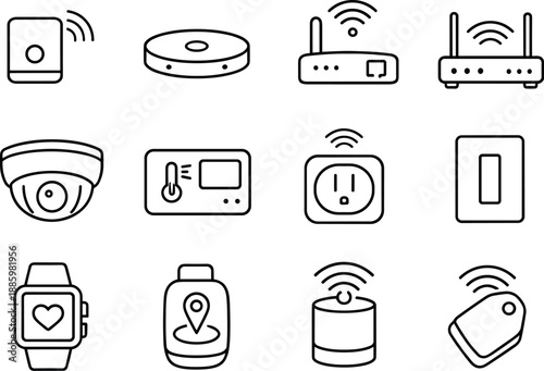 Image Generation. Line style vector icons of Connected devices: sensor, hub, gateway, router; camera, thermostat, plug, switch;