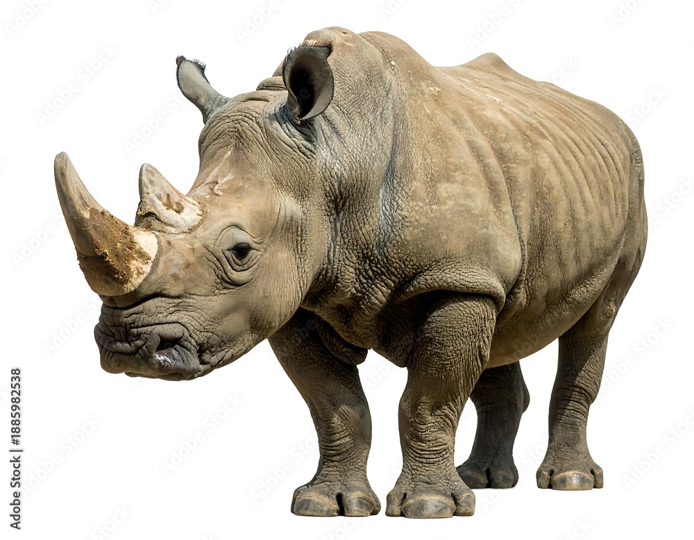 Obraz premium Rhino isolated on white. Large, gray animal with two horns stands in center, skin wrinkled