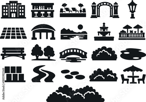 Image Generation. Solid style vector icons of park hotel setting: hotel facade outline, calm facade bar, rooftop garden cue, park