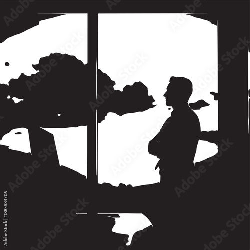 Silhouette of a pensive businessman looking out a large window, contemplating business strategy or future goals.