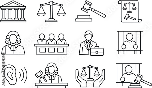 Image Generation. Line style vector icons of Court justice: court, justice, law, trial; judge, jury, lawyer, defendant; hear,