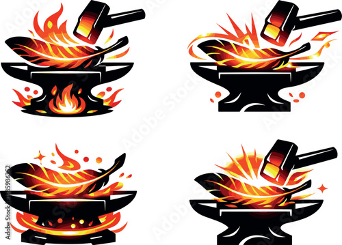 Two-Color vector icons of a blacksmith’s forge crafting a delicate metal feather (synonymic to forged feather on