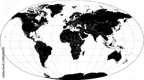 Black and white elliptical projection of the world, with continents and countries outlined