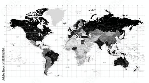 A grayscale world map, showing continents, countries, and oceans, with latitude/longitude lines
