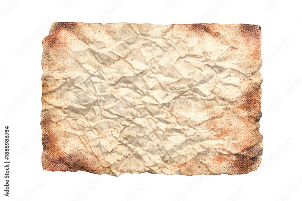 Fototapeta premium Crumpled vintage paper texture with burnt, stained edges on transparent background, aged document, distressed surface, retro message