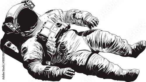 A detailed illustration of an astronaut in a spacesuit, floating, with a detailed helmet and gear