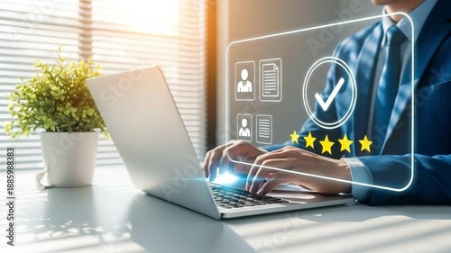 Businessman typing on laptop giving five star rating for quality service and customer feedback motion animated 4K video.