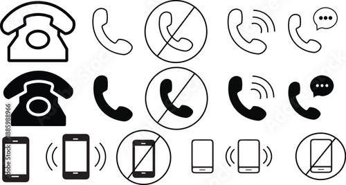 black and white phone call communication icons set including landline mobile vibration and contact symbols collection isolated on white background.