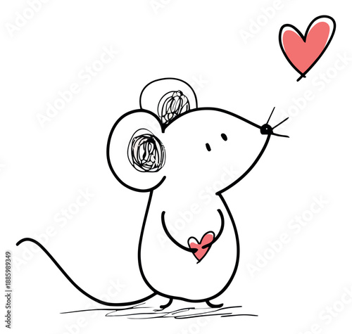 Hand drawn line art illustration of a mouse depicting love for a romantic design