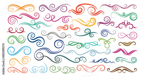 Decorative swirl ornament set featuring colorful curls and abstract shapes for graphic design and decoration