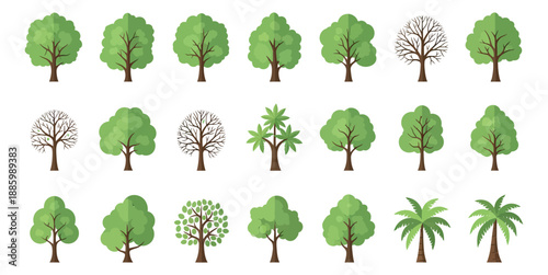 Flat design trees set featuring diverse green foliage, bare branches, and palm trees for nature concepts
