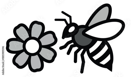 Simple line art illustration of a bee depicting flying towards a flower for ecological concepts