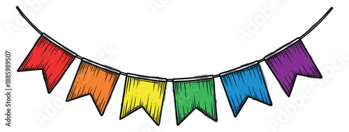 Hand drawn line art bunting set featuring rainbow-colored pennants strung together for festive events