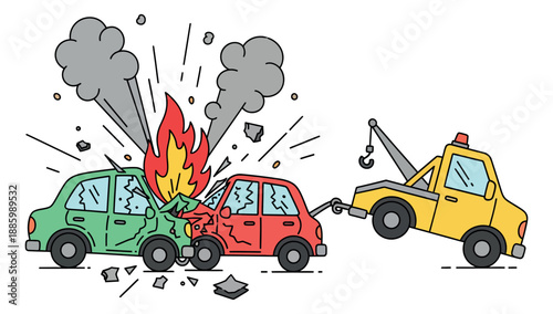 Hand drawn line art illustration of a car crash depicting two damaged vehicles on fire and a tow truck for roadside assistance