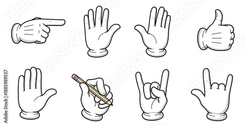 Cartoon hand drawn hand gestures set featuring pointing, thumbs up, open palms, and rock and roll signs for communication