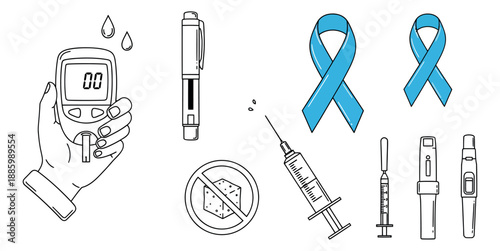Hand drawn line art diabetes set featuring a glucometer, insulin pen, and awareness ribbon for health care