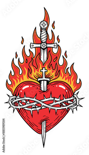 Hand drawn illustration of the sacred heart depicting a sword, crown of thorns, and flames for religious symbolism