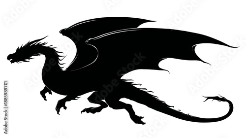 A black silhouette of a dragon in flight, wings spread wide, details in white