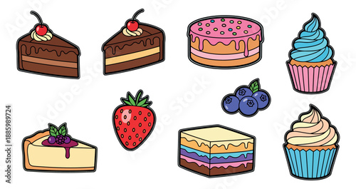 Cartoon style line art desserts and fruits set featuring cake slices, cupcakes, and berries for sweet treat menus