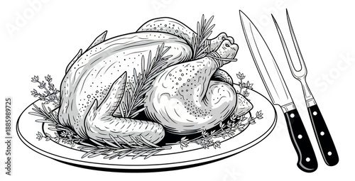 Hand drawn line art dinner set featuring roasted chicken, carving knife and fork for holiday meals