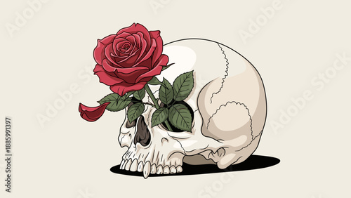 A single red rose blooming from a human skull.