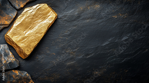 Golden rock on dark slate background for luxury design concepts, metals and mining and investment theme