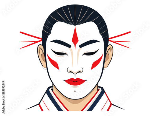 Kabuki actor face with eyes closed and serene makeup. Representing the drama and artistry of Japanese theater. Stylized flat vector character.