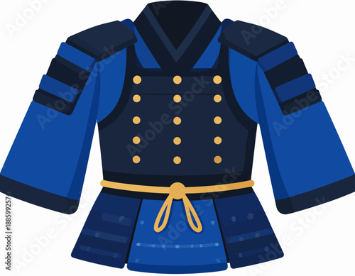 Blue Japanese samurai armor with gold stud details. Traditional protection for ancient warriors. Detailed flat vector illustration of military history.