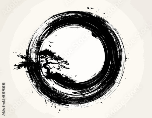 Enso Zen circle illustration with a bonsai tree inside. Symbol of absolute enlightenment, strength, and elegance. Artistic ink brush style vector.