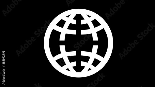 A white graphic of a globe outline against a solid black background