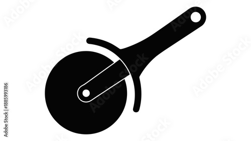 A minimalist black silhouette of a pizza cutter icon on a white background