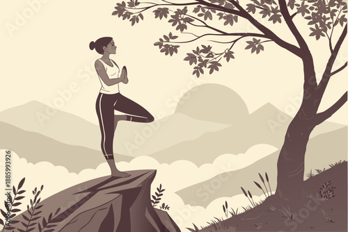 Peaceful Woman Practicing Yoga Tree Pose on Mountain Cliff.