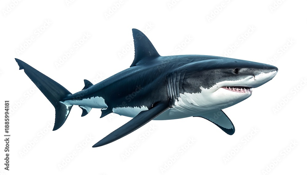 Fototapeta premium Side profile of a great white shark, showing teeth and fins, isolated on white