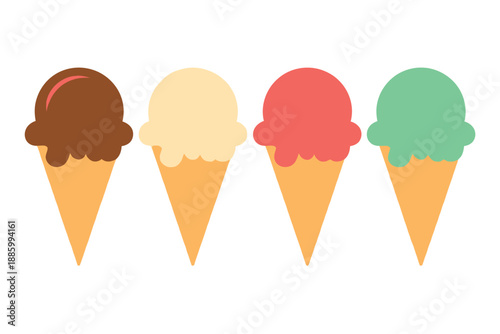 Colorful Ice Cream Cones Illustration with Chocolate, Vanilla, Strawberry, and Mint Flavors