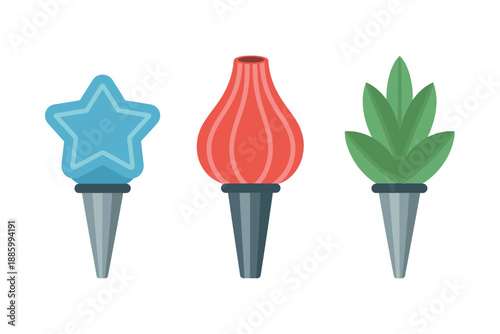 Colorful bottle stoppers with star, bulb, and leaf designs on white background