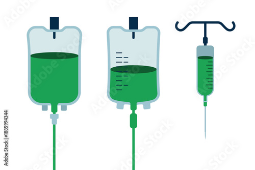 Medical IV drip bags and syringe with green liquid on a clean white background illustration