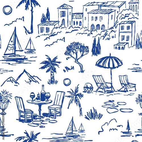 Summer holiday, vacation, sketch, sea, seamless pattern, vector illustration, Italy, southern houses, palm trees, beach, yachts