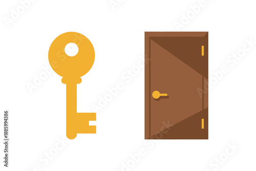 A golden key and a brown door with a lock on a white background illustration
