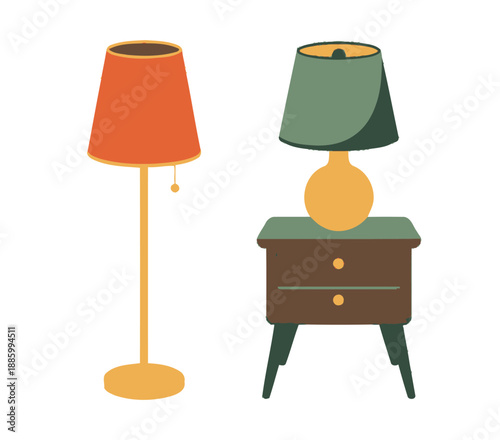 Colorful illustration of two lamps and nightstand with drawers on white background