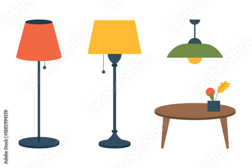 Colorful illustration of lamps and table with flowers in a modern minimalist setting