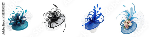 Elegant Fascinator Hat Collection Featuring Sophisticated Floral and Mesh Designs in Teal, Black, and Blue Isolated on White Background PNG Mockup for Formal Occasions