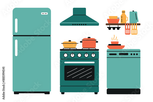 Colorful kitchen appliances and utensils illustration
