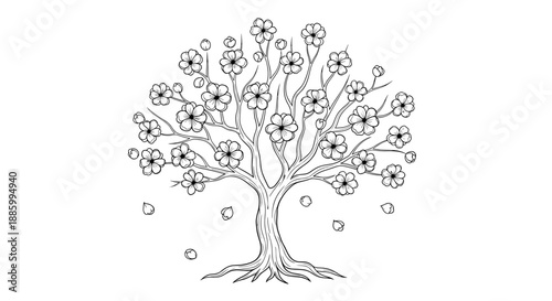 Beautiful Cherry Blossom Tree Illustration Line Art.
