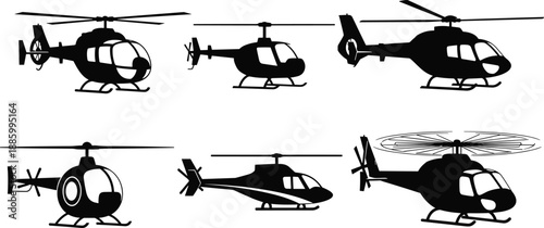 Collection of six detailed helicopter silhouette vectors isolated on white background, featuring modern civil aviation transport for corporate commercial flight projects.