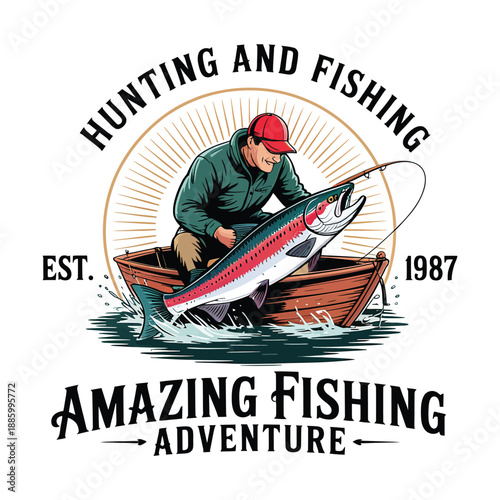 Hunting and Fishing Amazing Adventure Fisherman in Boat Illustration