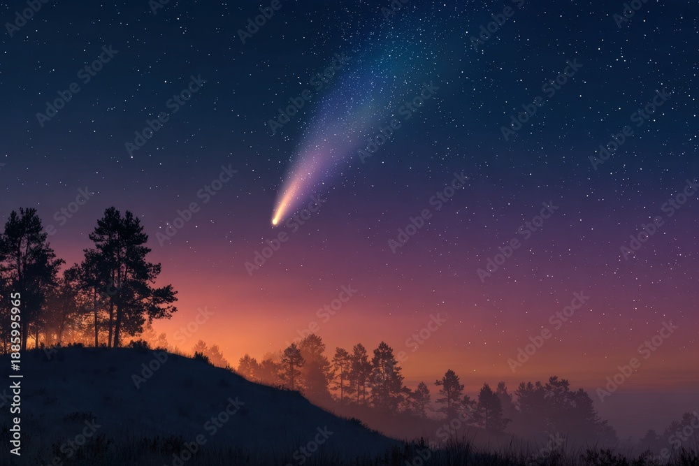 Fototapeta premium A comet is seen over a mountain at night