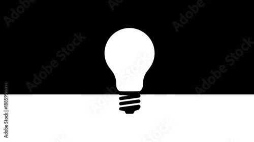 A white lightbulb illustration is centered, with a black and white background split horizontally