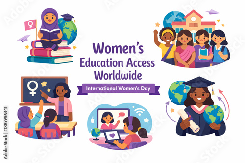 International Women’s Day women global education access icon set