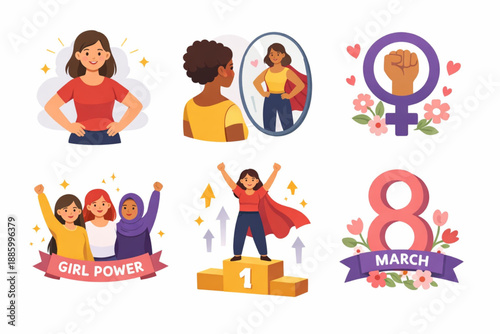 International Women’s Day women confidence self-esteem icon set