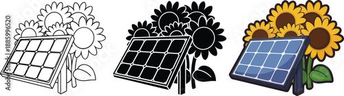 Solar panel and blooming sunflowers depicted in three distinct illustration styles isolated on white background, Vector